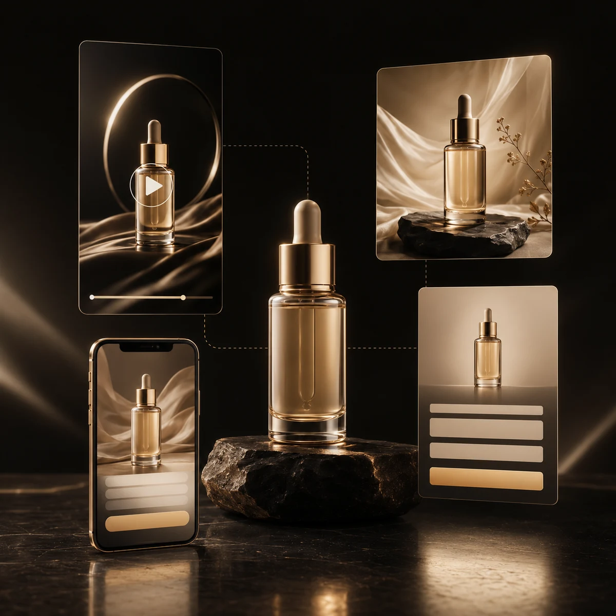 Gold serum bottle on a black rock pedestal surrounded by floating campaign interface panels