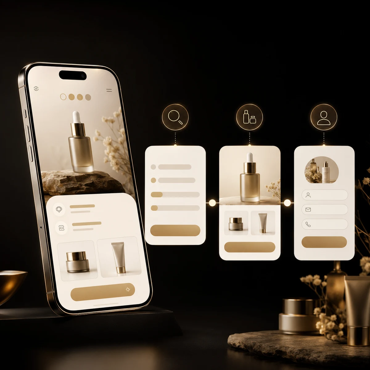 Smartphone showing a skincare product page connected to floating search, product and profile interface cards