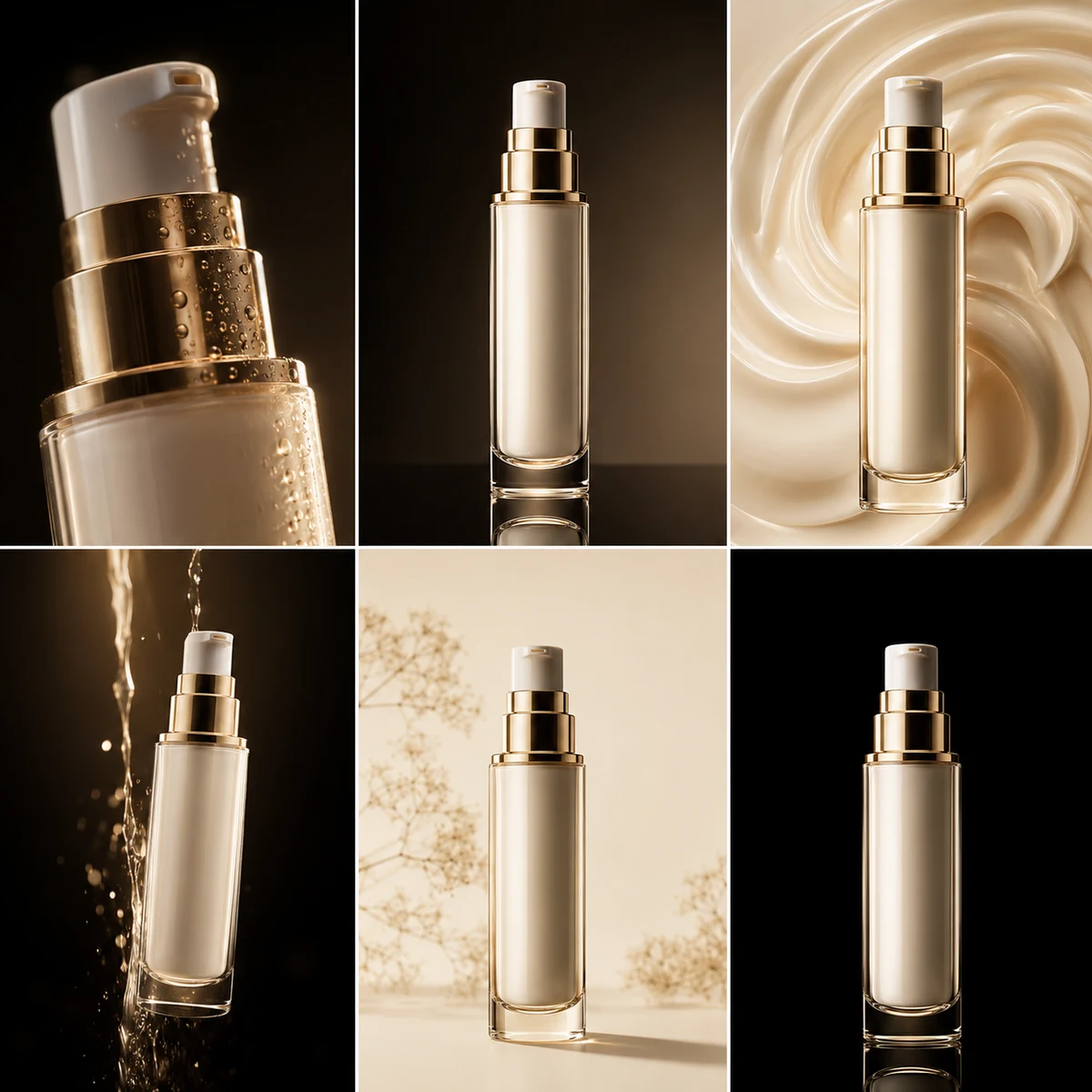 Grid of six skincare product shots showing the same gold pump bottle in different lighting setups