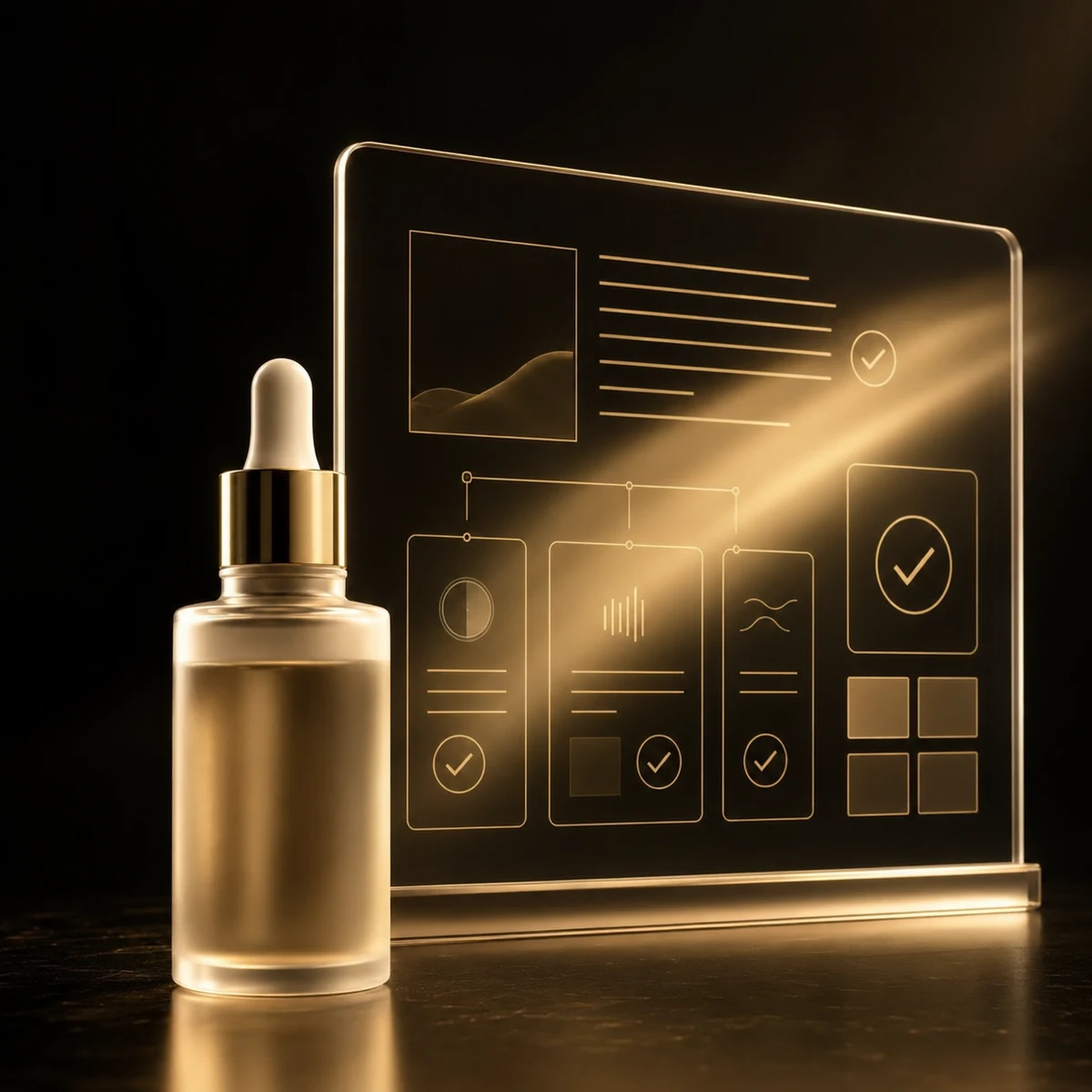 Frosted glass skincare bottle in front of a glowing panel showing technical data and verification marks
