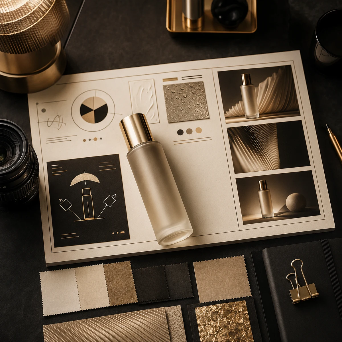 Overhead desk with a camera lens, notebook, colour swatches and a printed campaign mood board